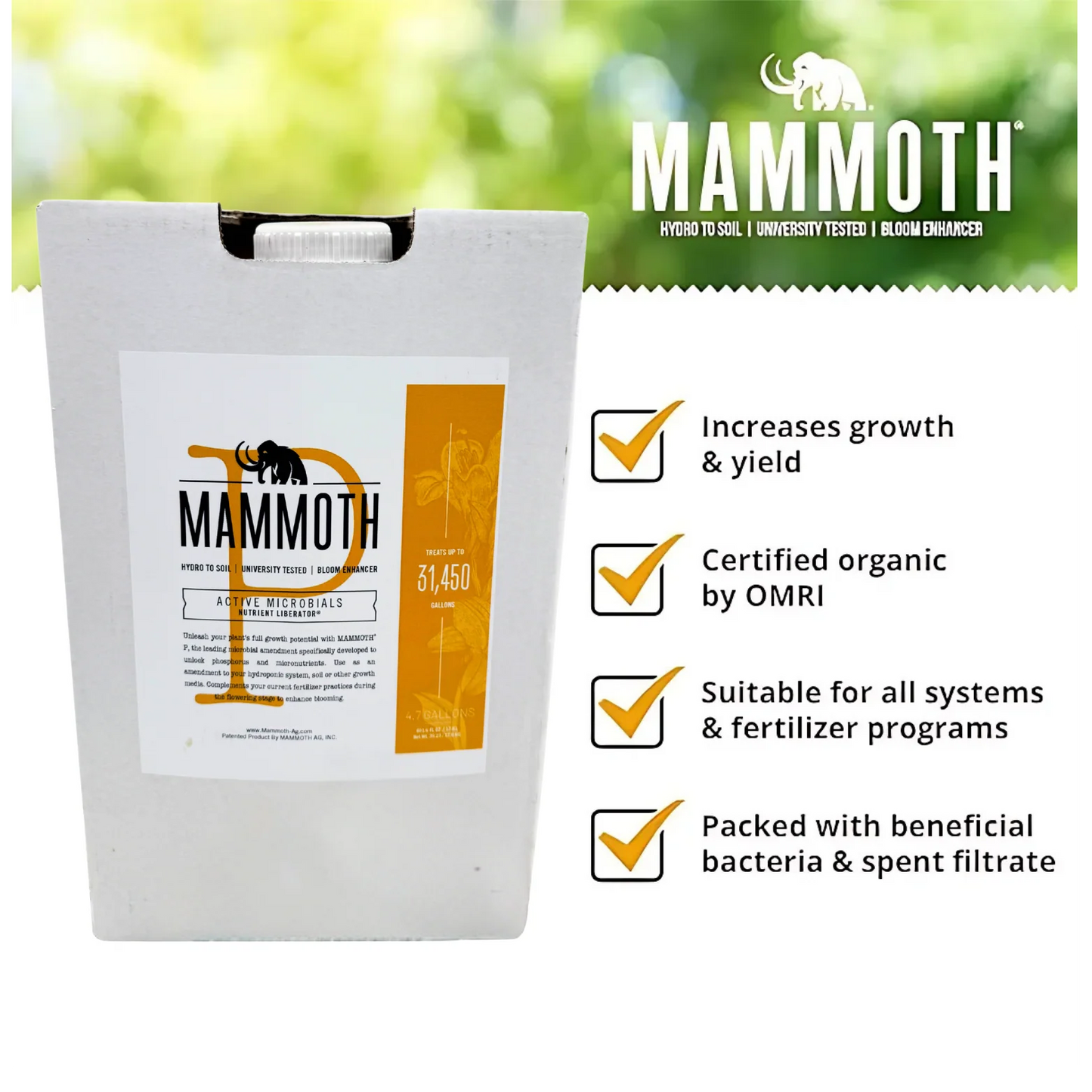 Mammoth hydroponic soil bloom enhancer packaging with features listed on a white background