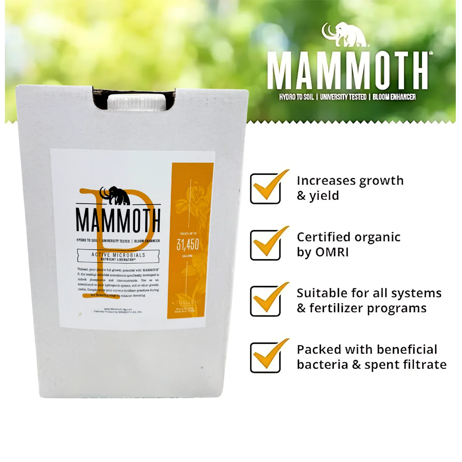 Mammoth hydroponic soil bloom enhancer packaging with features listed on a white background